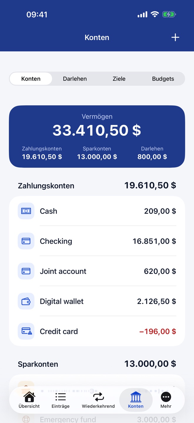 Kontenliste mit dem Vermögen