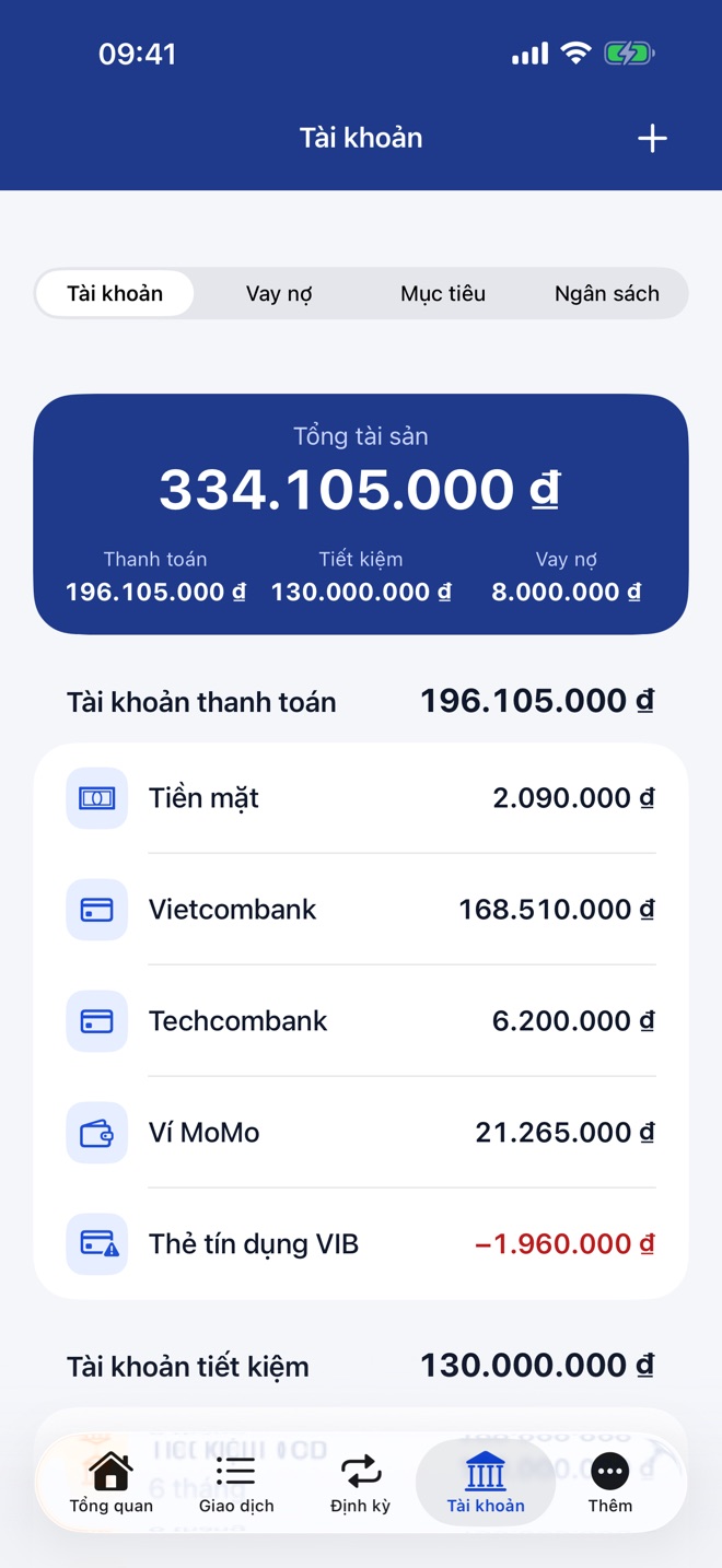 Danh sách tài khoản và tổng tài sản