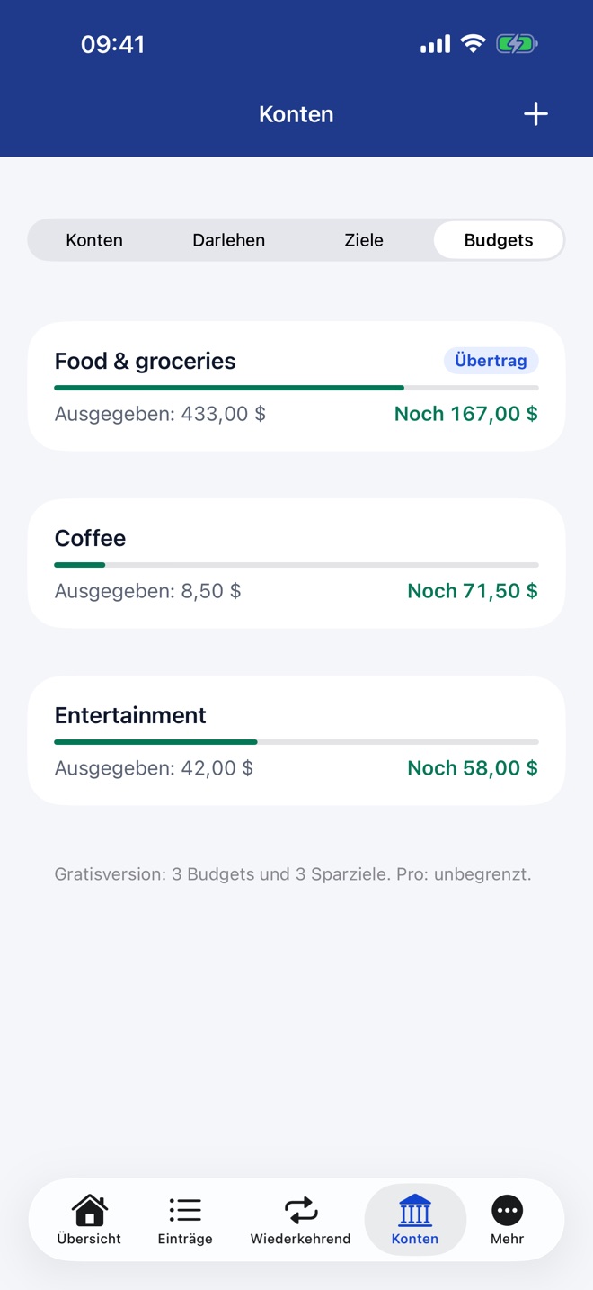 Budgets pro Kategorie mit Ausgaben und Restbetrag