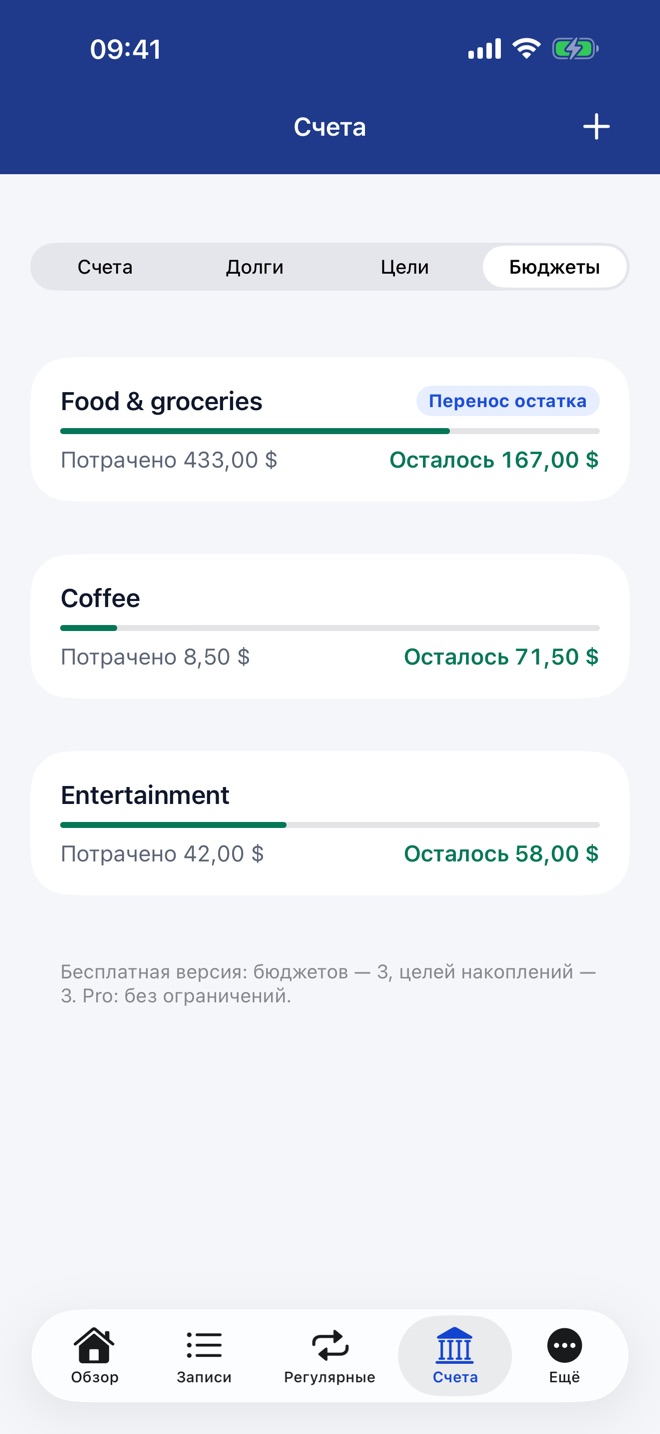 Бюджеты по категориям: сколько потрачено и сколько осталось