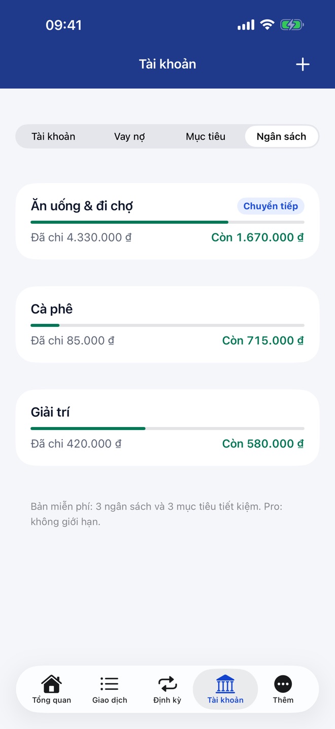 Ngân sách theo danh mục với phần đã chi và phần còn lại