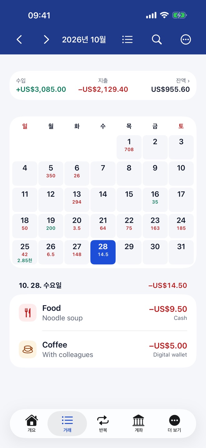 일별 수입과 지출 합계가 표시된 월간 캘린더