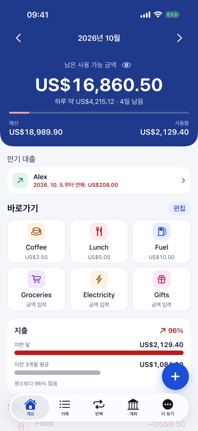 개요 화면: 이번 달 남은 금액, 바로가기, 평균 대비 지출