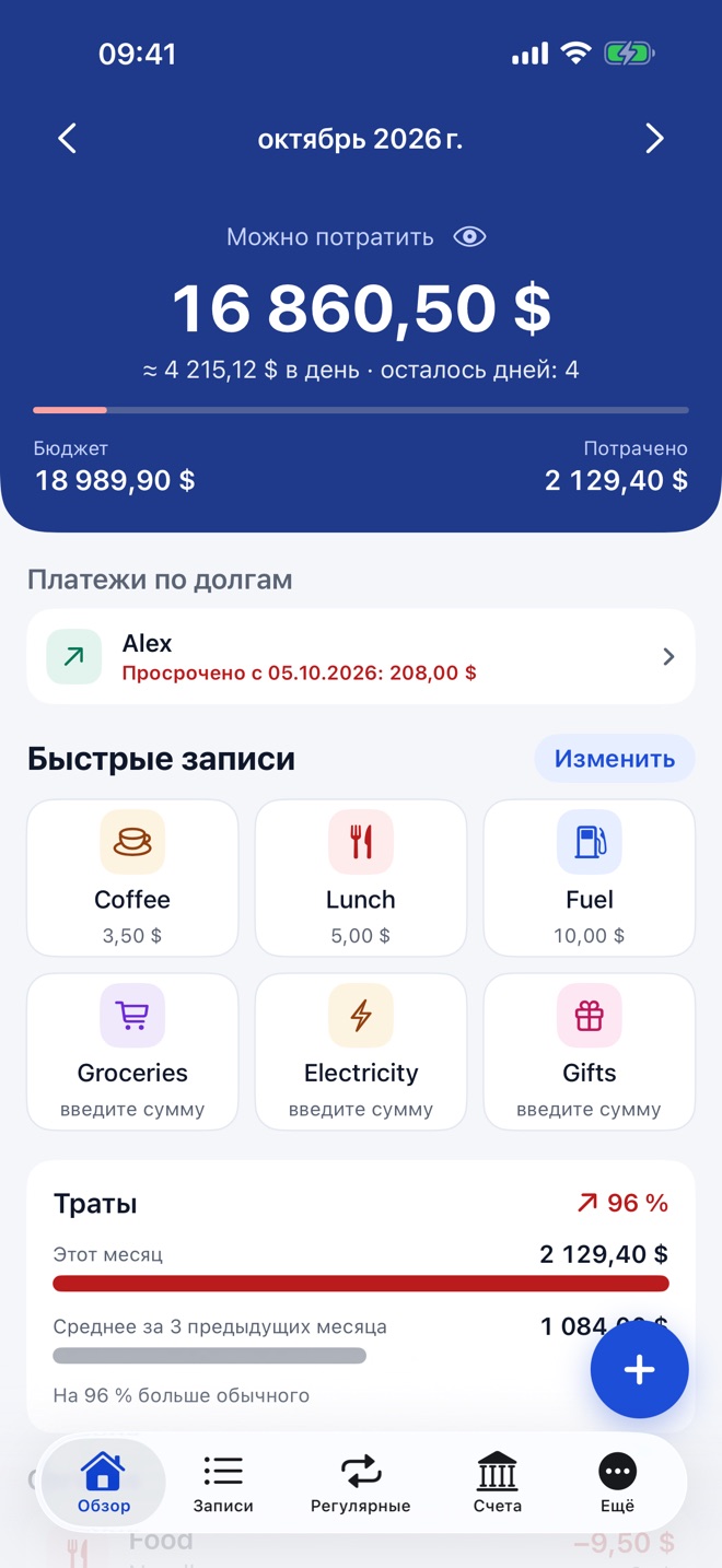 Экран «Обзор»: сколько осталось на месяц, быстрые записи и расходы в сравнении со средним