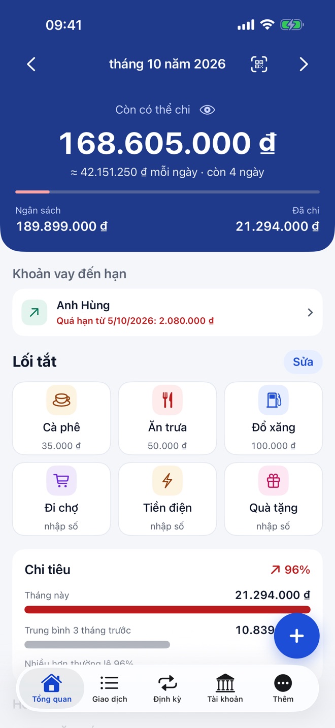 Màn hình Tổng quan: số tiền còn có thể chi trong tháng, lối tắt và chi tiêu so với trung bình